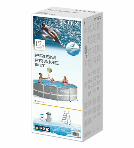 Intex Prism Frame removable outdoor swimming pool with 366 x 99 cm dimensions and 8592-liter capacity in a garden setting