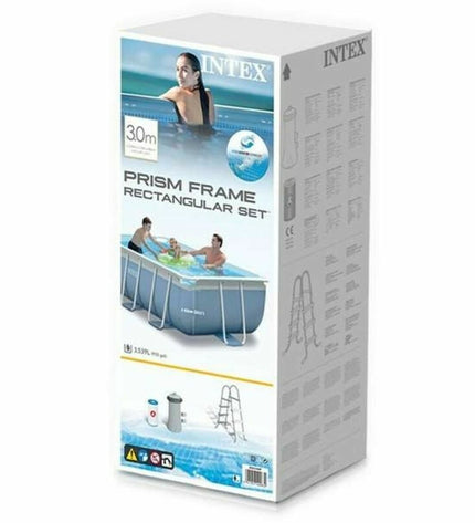 Intex removable swimming pool 26784NP, 300x80x175 cm with 3539L capacity, set up outdoors in a garden scene.