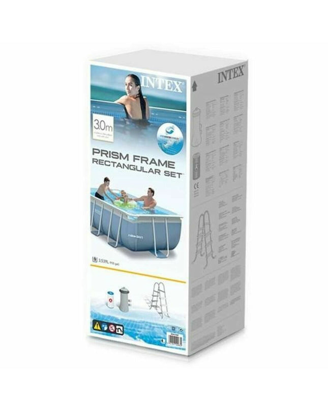 Intex removable swimming pool 26784NP, 300x80x175 cm with 3539L capacity, set up outdoors in a garden scene.