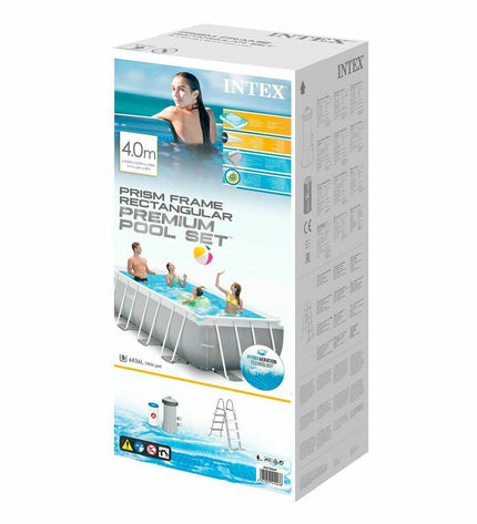 Intex removable swimming pool with 400x200x100 cm dimensions, shown outdoors with water-filled basin and surrounding garden area.
