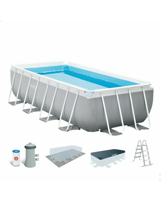 Gray Intex Prism Frame pool, 488x244x107 cm, 10,874 L, outdoor swimming pool with removable frame in garden setting.