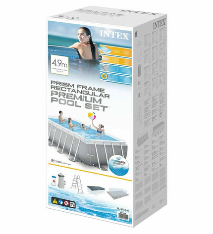 Gray Intex Prism Frame removable swimming pool, 488 x 244 x 107 cm size with 10,874 liters capacity, outdoor garden pool setup