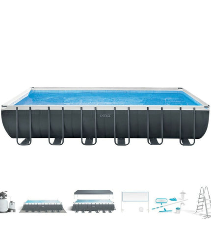 Intex removable garden swimming pool 732 x 132 x 366 cm, outdoor backyard pool with blue lining and sturdy frame.