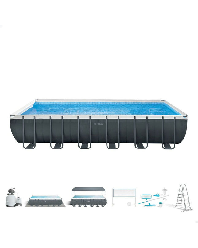 Intex removable garden swimming pool 732 x 132 x 366 cm, outdoor backyard pool with blue lining and sturdy frame.