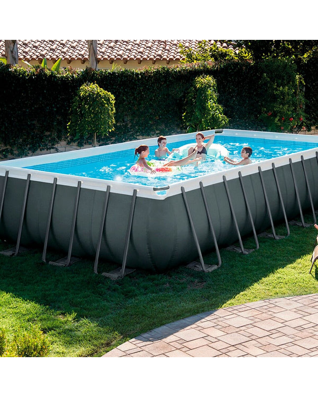 Intex removable garden swimming pool measuring 732 x 132 x 366 cm, shown partially inflated outdoors.