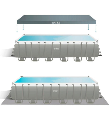 Intex removable garden swimming pool 732x132x366 cm with clear blue water, set up outdoors in a lush green backyard.