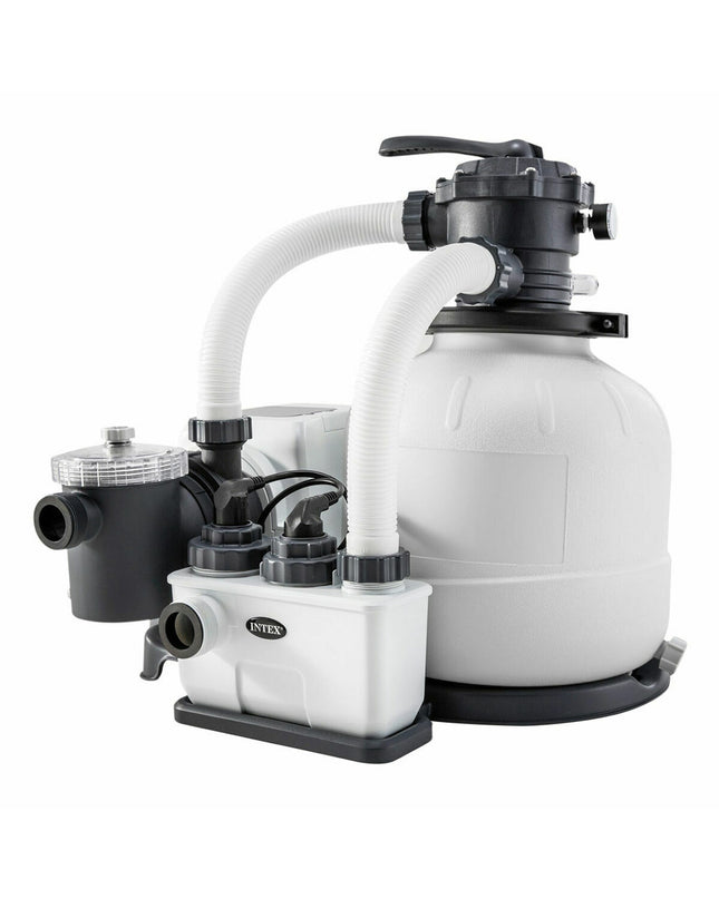 Intex filter pump for swimming pools, 32000 L capacity, outdoor garden setup with pump and hoses for pool water circulation.
