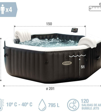 Inflatable Intex pool measuring 201 x 71 x 201 cm with 795 liters capacity, suitable for garden use and outdoor relaxation.