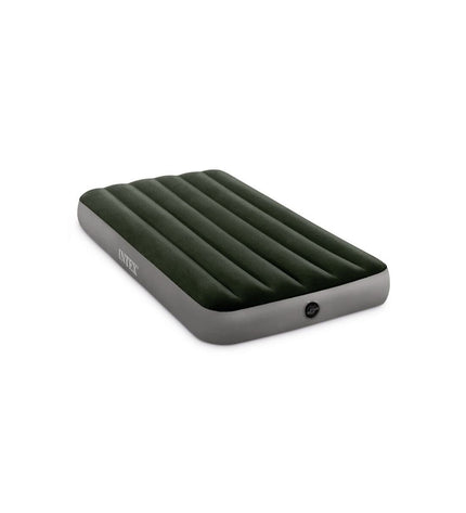Intex air mattress measuring 99 x 25 x 191 cm, suitable for camping and outdoor use, with a blue and gray design.