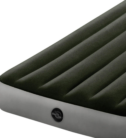 Intex air mattress measuring 99 x 25 x 191 cm, suitable for camping and outdoor activities, with a blue top and inflation valve.