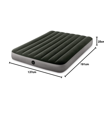Intex air mattress measuring 137 x 25 x 191 cm, suitable for camping and outdoor adventures, with a durable surface and built-in pillow