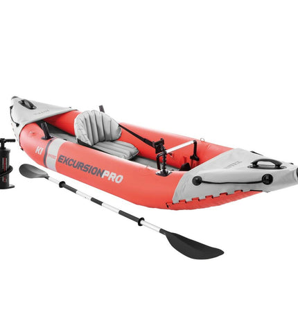 Inflatable kayak Intex Excursion Pro in blue with black accents, showing its compact, durable design for water adventures.