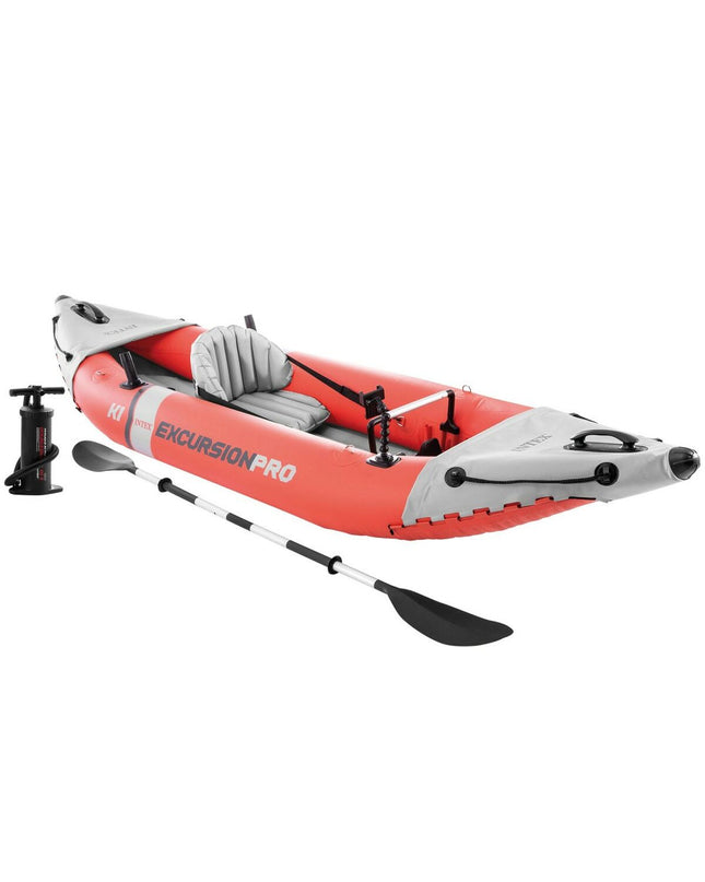 Inflatable kayak Intex Excursion Pro in blue with black accents, showing its compact, durable design for water adventures.