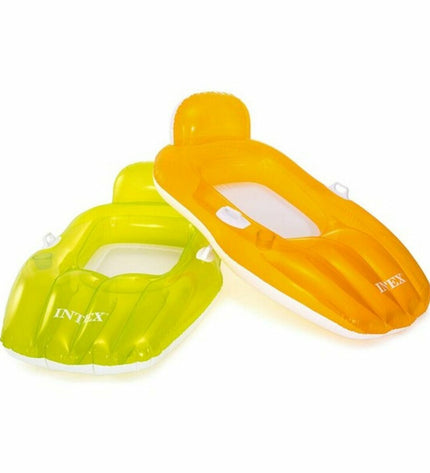 Inflatable pool chair from Intex, bright orange, with armrests, floating in a pool, ideal for outdoor summer relaxation.