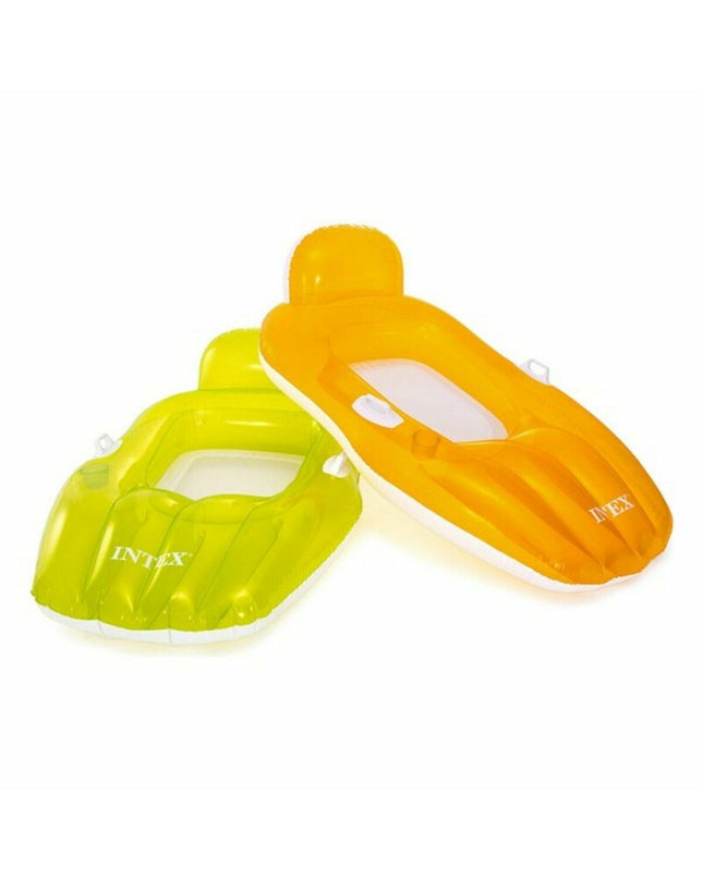Inflatable pool chair from Intex, bright orange, with armrests, floating in a pool, ideal for outdoor summer relaxation.