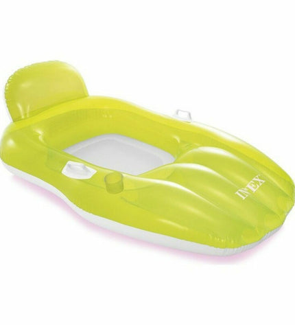 Inflatable Intex swimming pool chair with bright blue and orange colors, designed for outdoor water relaxation and lounging.