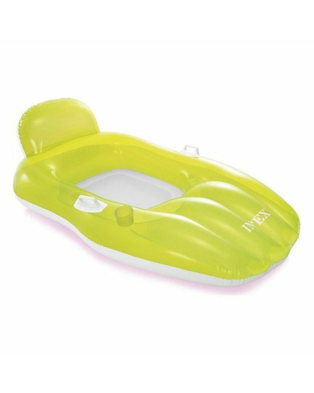 Inflatable Intex swimming pool chair with bright blue and orange colors, designed for outdoor water relaxation and lounging.