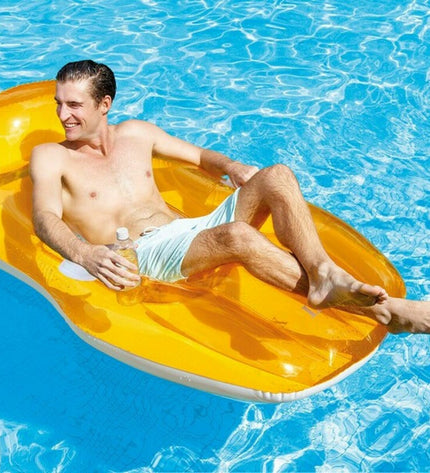 Inflatable Intex pool lounge chair, blue and white, designed for outdoor relaxation in swimming pools, part of Intex's pool accessories collection.