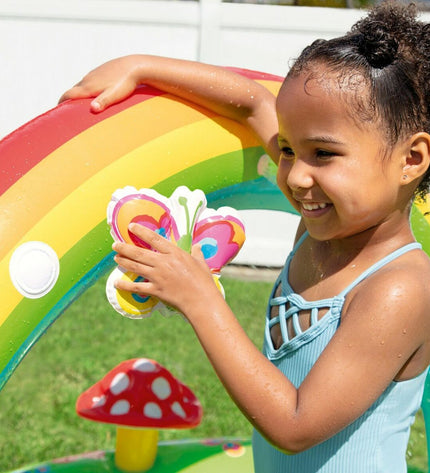 Inflatable children's swimming pool by Intex, in a garden setting, featuring vibrant colors and a playful design for kids.