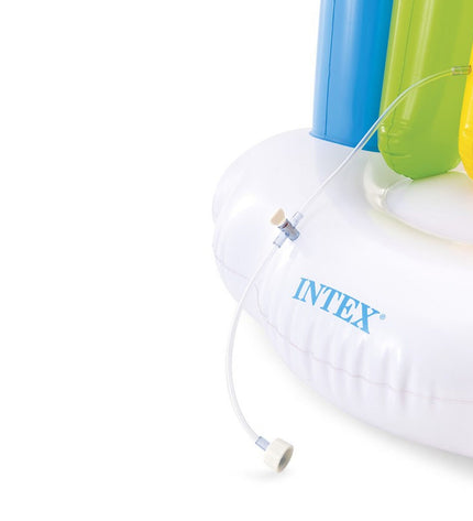 Intex rainbow-themed water sprinkler toy set with PVC structure, measuring 300x109x180 cm, for outdoor water play and fun.