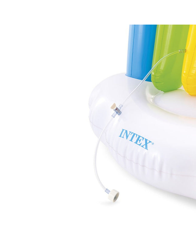 Intex rainbow-themed water sprinkler toy set with PVC structure, measuring 300x109x180 cm, for outdoor water play and fun.