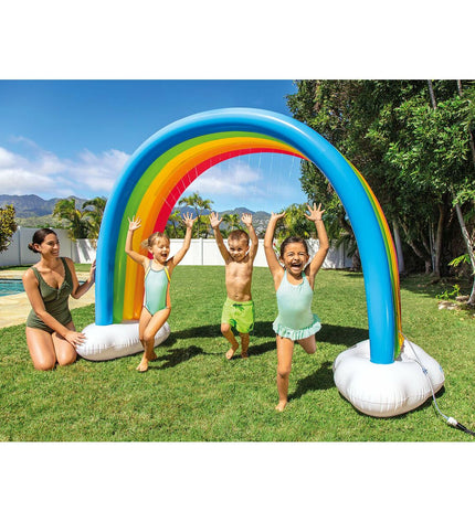 Intex rainbow toy water sprinkler with PVC material, set up outdoors, measuring 300 x 109 x 180 cm for children’s outdoor play.