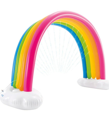 Intex rainbow watersprayer toy with PVC structure, 300x109x180 cm, for outdoor play and water fun.