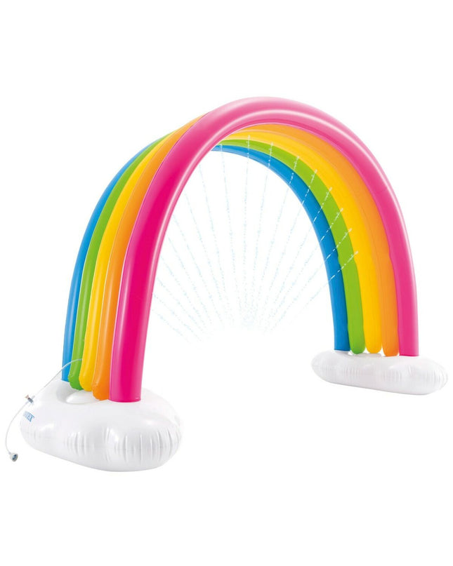 Intex rainbow watersprayer toy with PVC structure, 300x109x180 cm, for outdoor play and water fun.