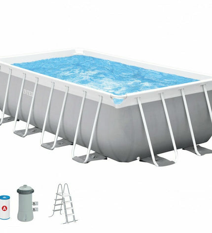 Intex rectangular inflatable pool with 8,418-liter capacity, 400 x 200 x 122 cm size, suitable for garden relaxation.