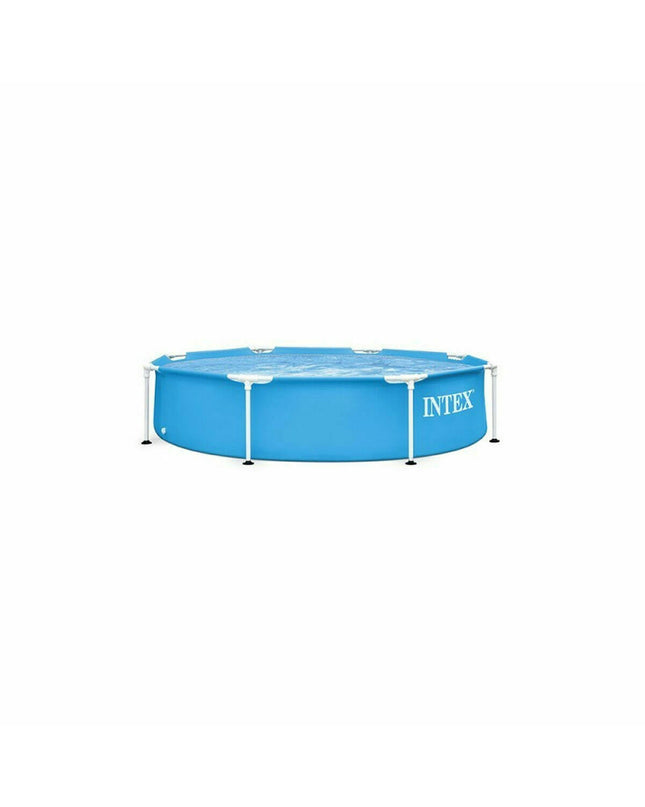 Intex removable pool with 1828L capacity, 244 x 51 cm, set up outdoors in a garden with water inside.