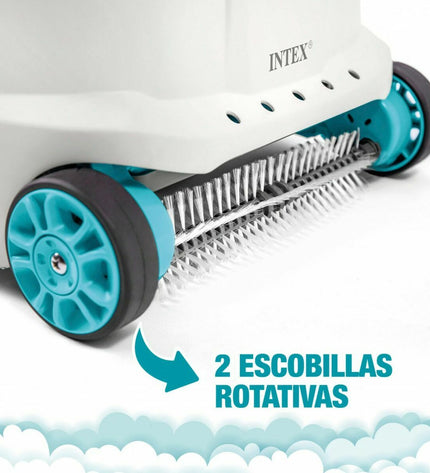 Intex automatic pool cleaner in garden setting, rectangular shape, 47.5 x 39.5 x 42 cm, suitable for pools and jacuzzis.
