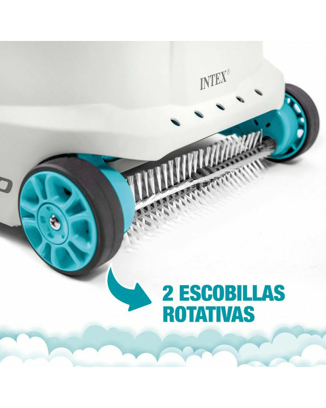 Intex automatic pool cleaner in garden setting, rectangular shape, 47.5 x 39.5 x 42 cm, suitable for pools and jacuzzis.