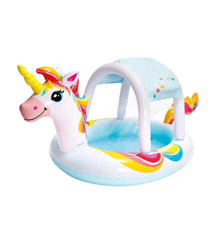 Intex inflatable unicorn kiddie pool in vibrant colors, measuring 254 x 132 x 109 cm, perfect for outdoor summer fun.