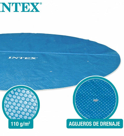 Intex round swimming pool cover for 244 cm diameter pool, outdoor garden, protects against debris and weather.