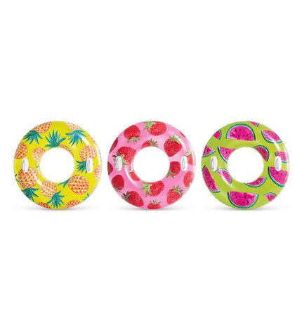 Intex inflatable fruit-shaped pool toy, PVC material, 107 cm diameter, suitable for swimming and outdoor play.