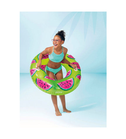 Inflatable pool toy by Intex featuring colorful fruit shapes, made of PVC, designed for outdoor swimming pool fun, 107 cm diameter.