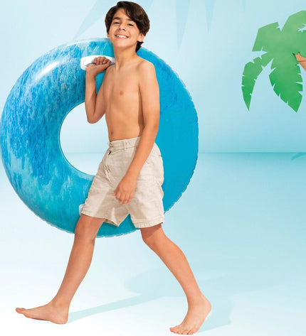 Colorful Intex inflatable swimming pool toy with handles, 91 cm diameter, suitable for outdoor play and water fun.