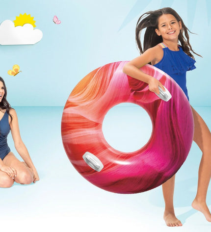 Inflatable swimming pool toy with multicolored design, Intex brand, with handles, diameter 91 cm for outdoor play and water fun.