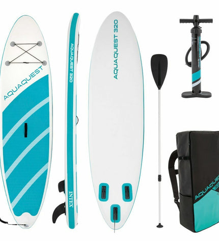 Inflatable Intex Aqua Quest SUP board in blue and white with accessories, designed for water sports and outdoor activities.
