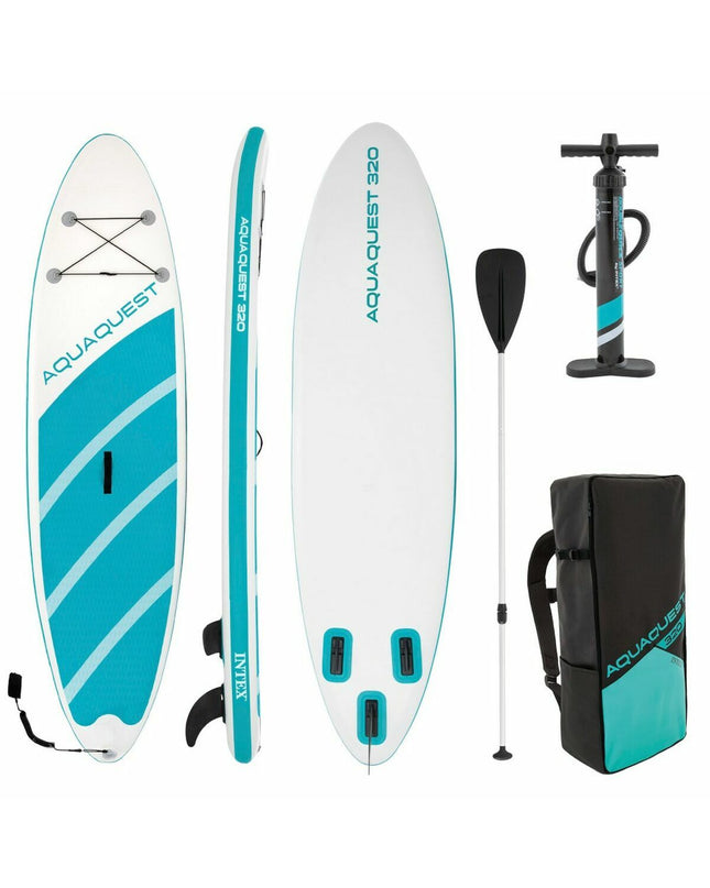 Inflatable Intex Aqua Quest SUP board in blue and white with accessories, designed for water sports and outdoor activities.