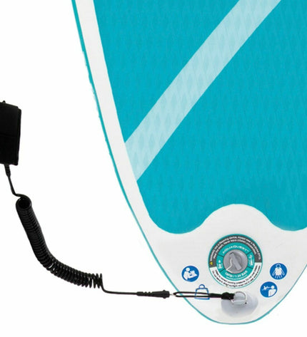 Inflatable Intex Aqua Quest SUP board in blue and white with accessories for water sports and outdoor activities.