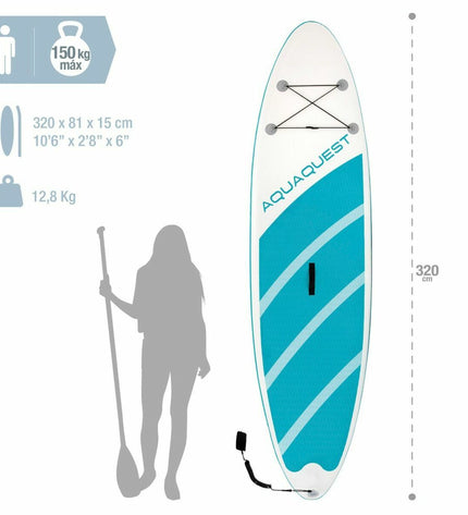 Inflatable Intex Aqua Quest SUP board with blue and white design, featuring accessories for water sports and outdoor activities.