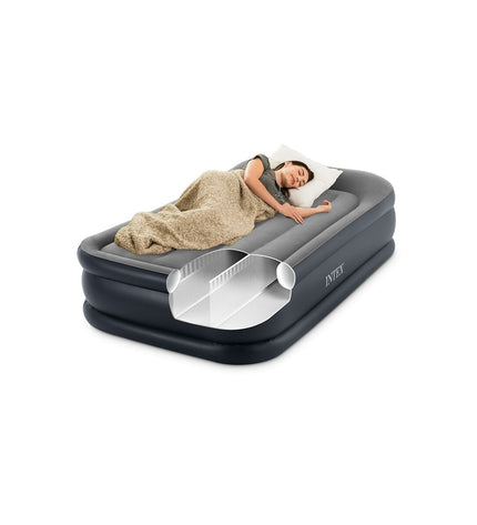 Intex Dura-Beam Basic Deluxe twin air mattress for camping, measuring 99 x 42 x 191 cm, suitable for outdoor use.