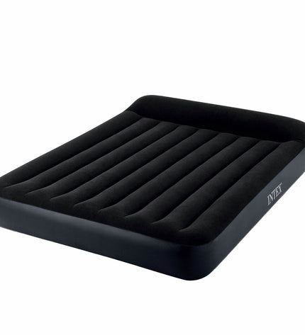 Intex air mattress measuring 152 x 25 x 203 cm, suitable for camping and outdoor adventures, with a blue surface and inflation valves.