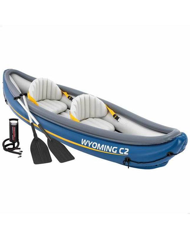 Inflatable kayak Intex Wyoming C2 for watersport, shown with 307 x 89 x 53 cm size, in blue with seating area and paddles.