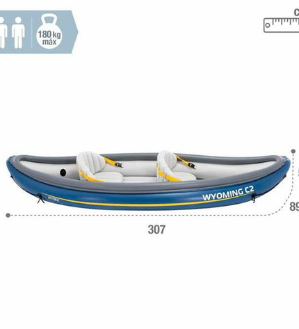 Inflatable Intex Wyoming C2 kayak for water sports, shown with its bright orange exterior and seating area inside.