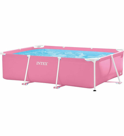 Pink Intex removable swimming pool with dimensions 220x150x60 cm, filled with water, suitable for garden use.