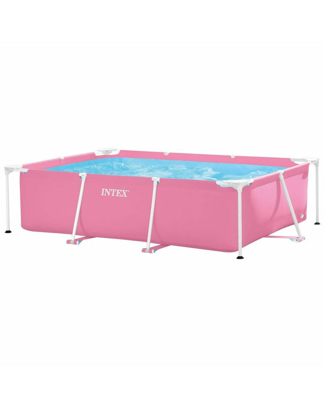 Pink Intex removable swimming pool with dimensions 220x150x60 cm, filled with water, suitable for garden use.