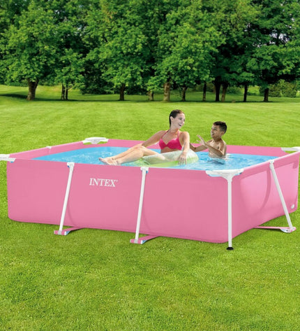 Pink Intex removable swimming pool, 220x150x60 cm, suitable for garden use, with a 1662-liter capacity.