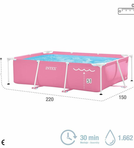 Pink Intex inflatable pool 220x150x60 cm with water, suitable for garden use, featuring a sturdy, removable design.